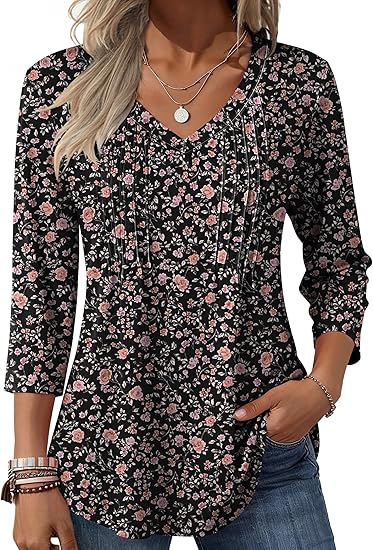 Zeagoo 3/4 Length Sleeve Womens Tops Casual V Neck Pleated Top Boho Floral Blouses Work Shirts