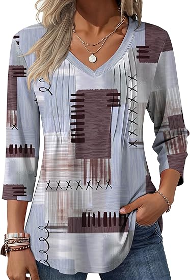 Zeagoo 3/4 Length Sleeve Womens Tops Casual V Neck Pleated Top Boho Floral Blouses Work Shirts