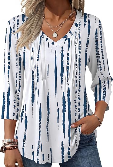Zeagoo 3/4 Length Sleeve Womens Tops Casual V Neck Pleated Top Boho Floral Blouses Work Shirts