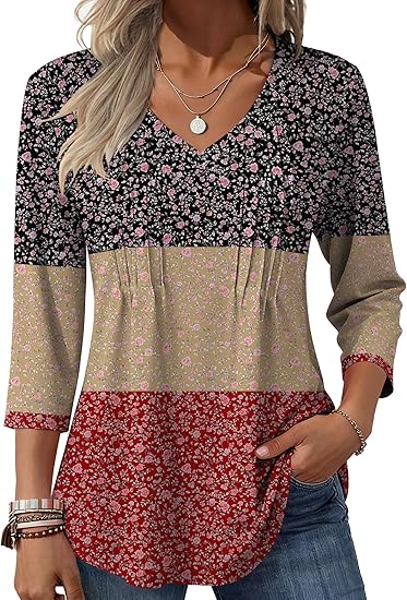 Zeagoo 3/4 Length Sleeve Womens Tops Casual V Neck Pleated Top Boho Floral Blouses Work Shirts